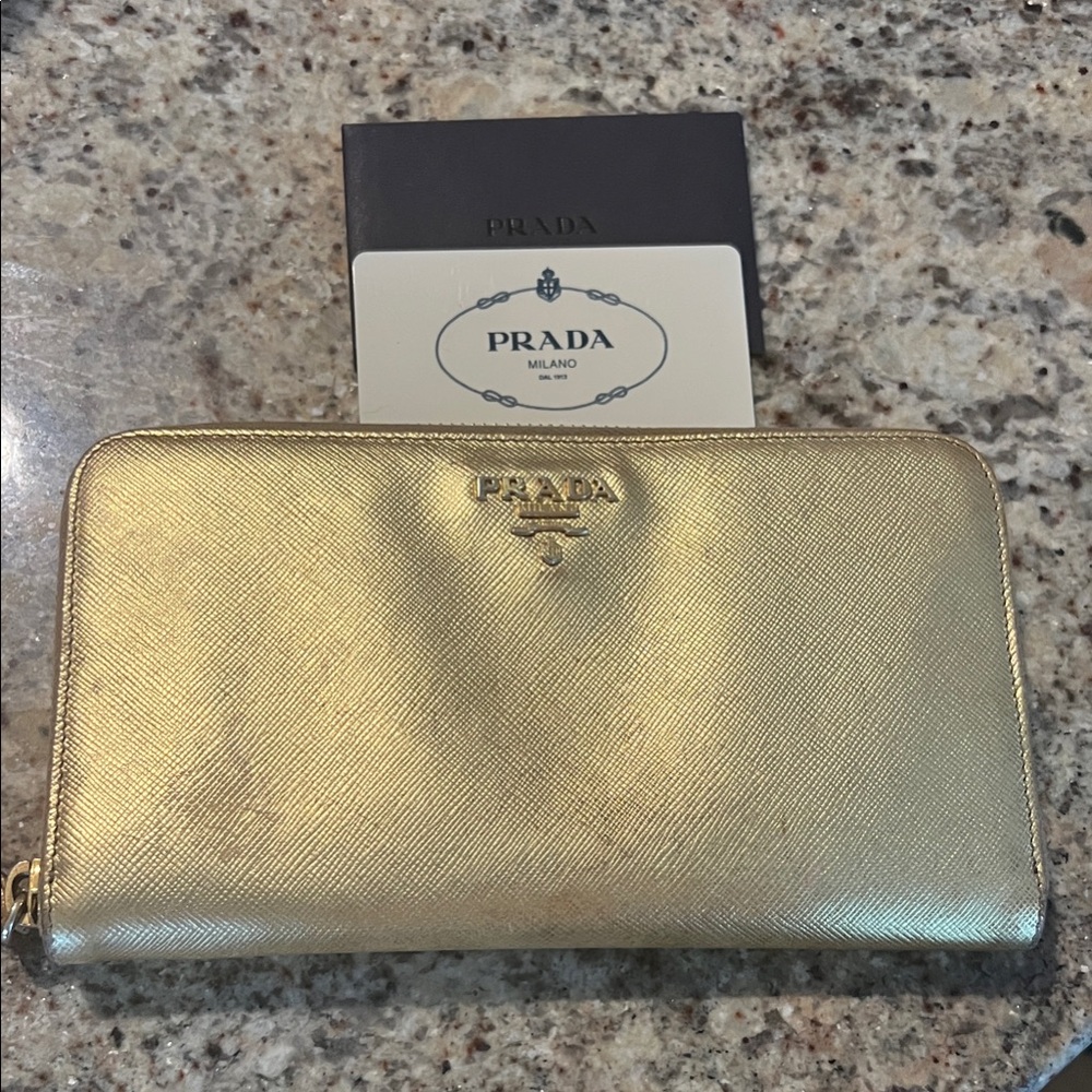 Prada Metallic Gold Zip Wallet